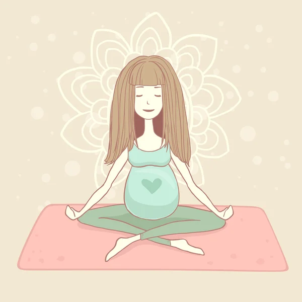 Vektor yoga gravid kvinna i lotusställning på abstrakt floral bakgrund — Stock vektor