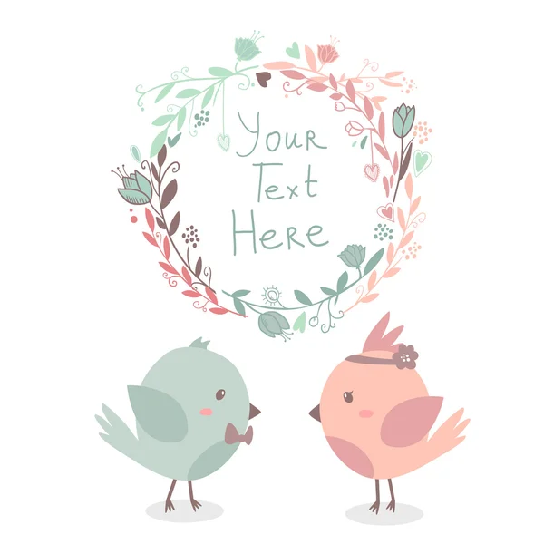 güzel vektör çerçeve çiçek ve kuş aşık birlikte şirin tebrik kartı.