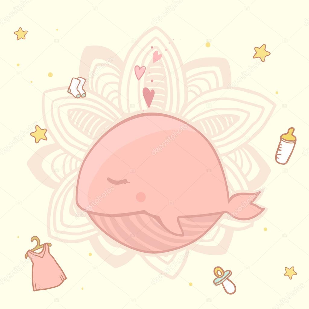 Vector cute baby shower with pink whale for girls