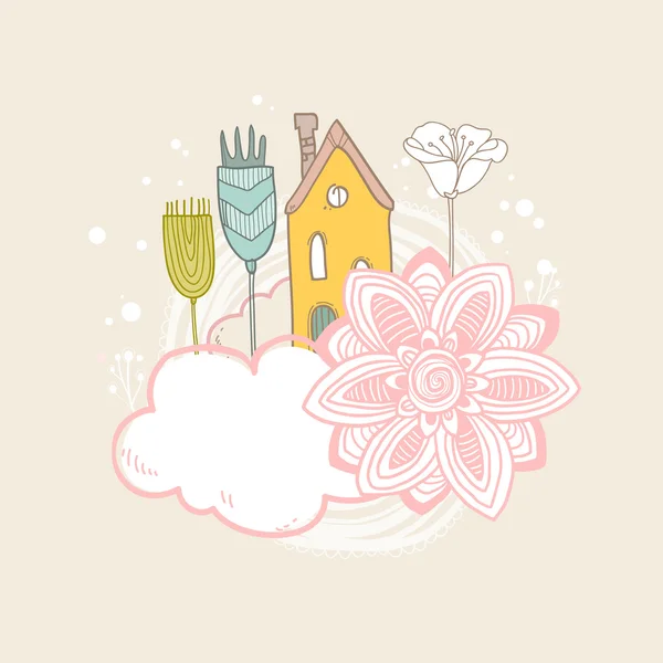 Vecteur abstrait fond mignon avec des maisons, des nuages et des fleurs dans le style de dessin animé romantique — Image vectorielle