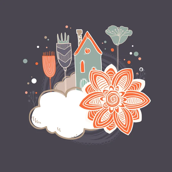 Vector abstracte achtergrond met huizen, wolken en bloemen in de leuke stijl cartoon — Stockvector