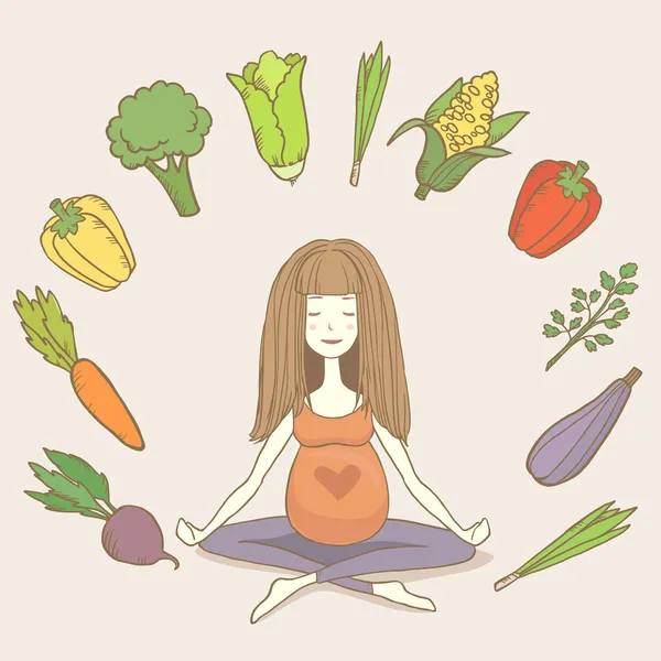 Vector yoga pregnant woman in lotus position with vegetables — Stock Vector