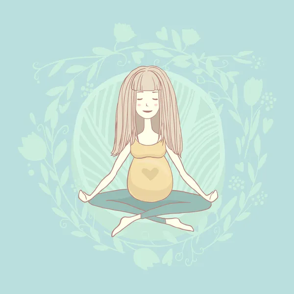 Vector yoga zwangere vrouw in lotus positie op abstracte blauwe bloemen achtergrond — Stockvector