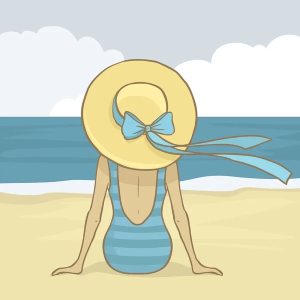 romantik kız mavi mayo ve plaj kum üzerinde oturan ve denize bakarak şapka vektör. Yaz arka plan