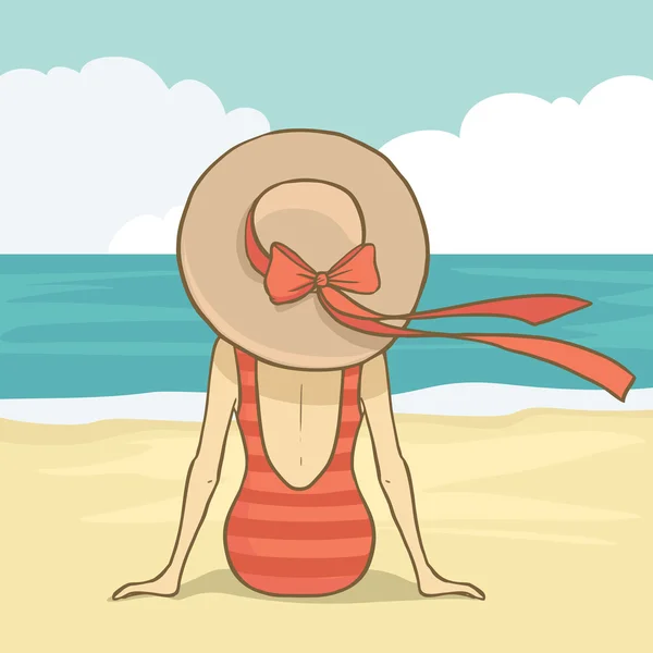 Vector chica romántica en traje de baño rojo y sombrero sentado en la arena de la playa — Archivo Imágenes Vectoriales