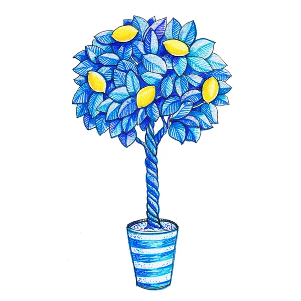 Drawing beautiful abstract lemon tree in pot — Stock Photo, Image