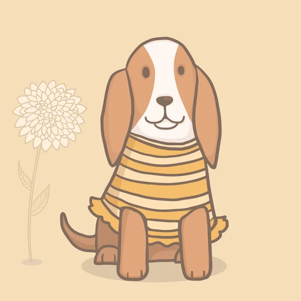 Vector cute dog Basset hound in dress with flower — Stock Vector