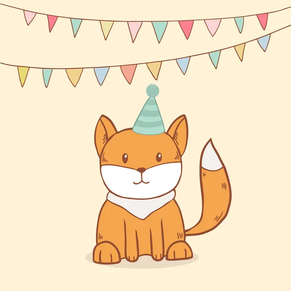 Jolie carte de vœux d'anniversaire avec drapeaux de fête et petit renard — Image vectorielle