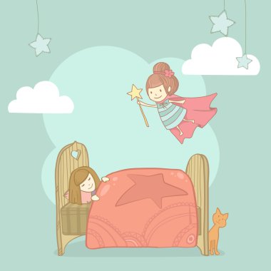 vektörel sevimli kız uyku onun yatak ve diş perisi