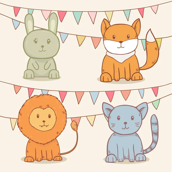 Vector set of cute animals with party flags. Rabbit, fox, lion and cat — Stock Vector