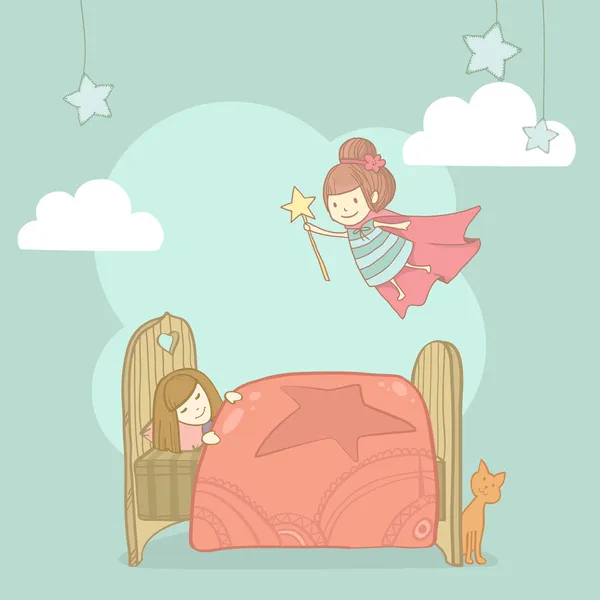 vektörel sevimli kız uyku onun yatak ve diş perisi