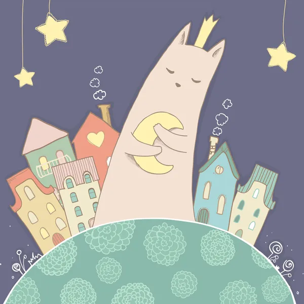 Dibujo vectorial gato blanco con luna, ciudad nocturna y casas — Archivo Imágenes Vectoriales