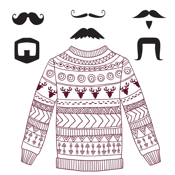 Conjunto de vetor hipster com camisola acolhedora e bigodes — Vetor de Stock