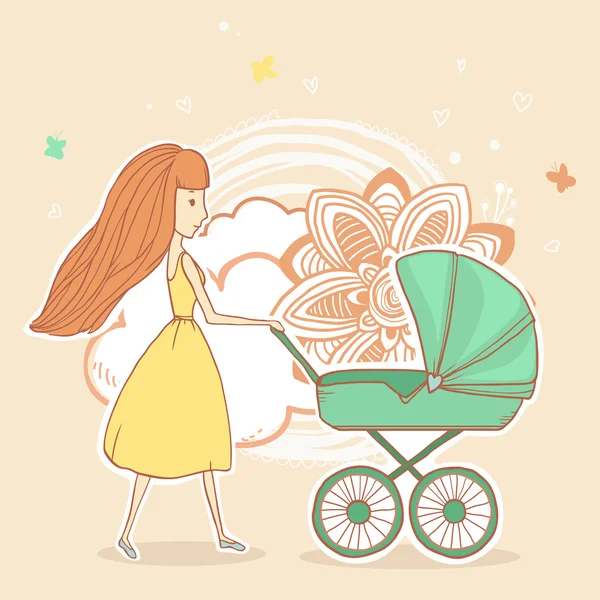 Young mother pushing baby stroller on summer floral background. Vector illustration — Stock Vector