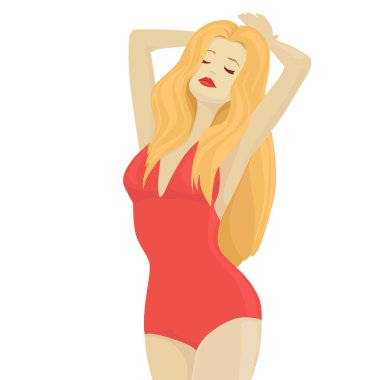 seksi kadın düz modern tasarım beyaz zemin üzerine kırmızı mayo