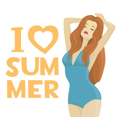 Sexy woman in blue swimsuit in flat modern design with I love you art clipart