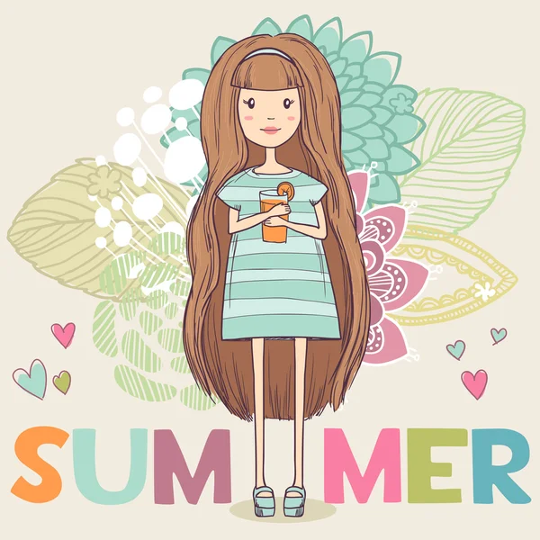 Summer abstract floral background with cute girl. Vector illustration — Stock Vector