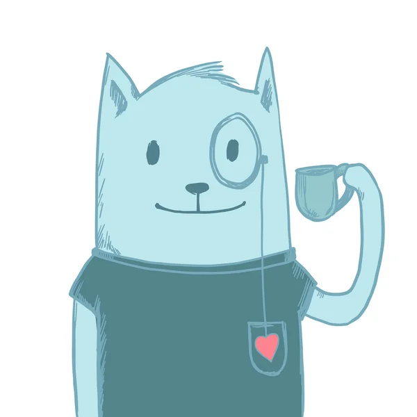 Dibujo gato azul con taza de café — Vector de stock