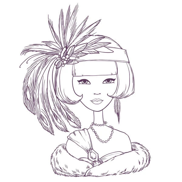 Romantický art deco žena s kloboukem peří. vektorové ilustrace — Stockový vektor