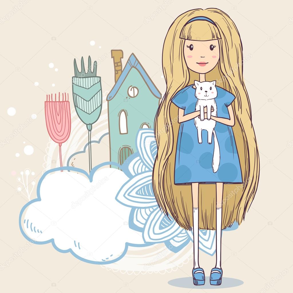 Girl with little white cat on abstract background with house, flowers and clouds. Vector cute illustration