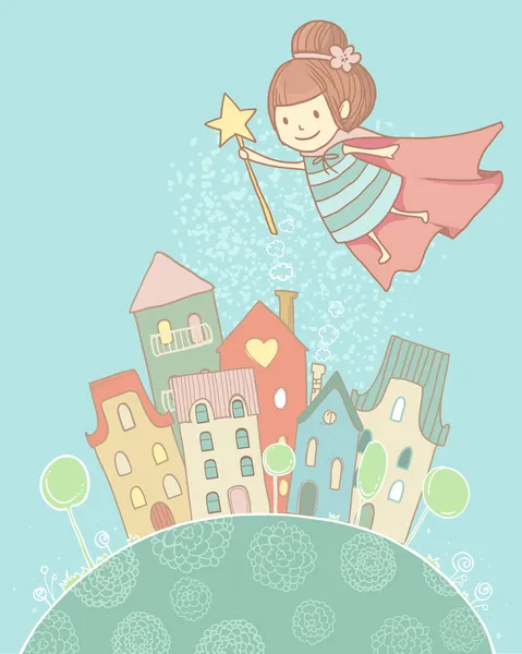sevimli küçük diş perisi şehir değnek ile vektör