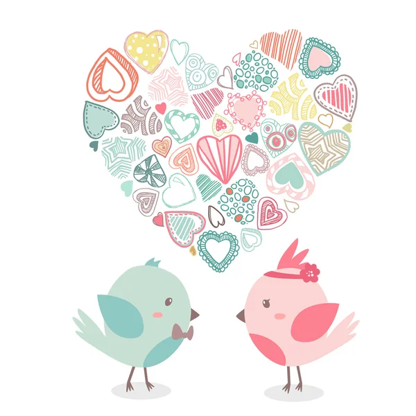 Lovely birds in love together with shape of heart. Vector illustration — Stock Vector