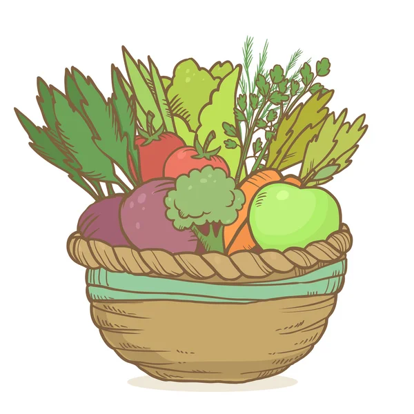 Vetor bonito cesta com mão desenhada legumes no fundo branco — Vetor de Stock
