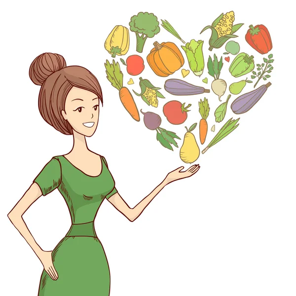 Femme élégante présentant des légumes sains coeur — Image vectorielle