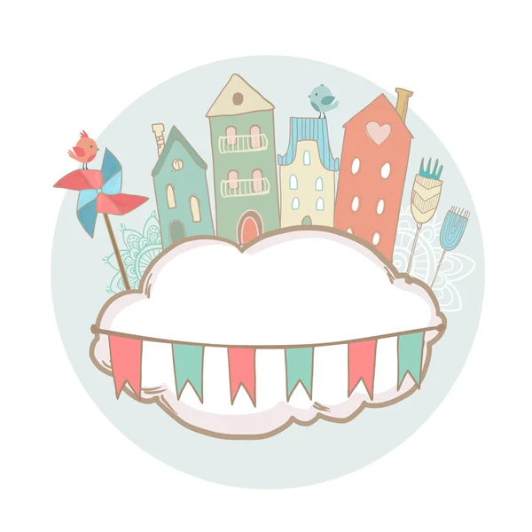 Cute greeting card with houses on the cloud. Vector illustration — Stock Vector