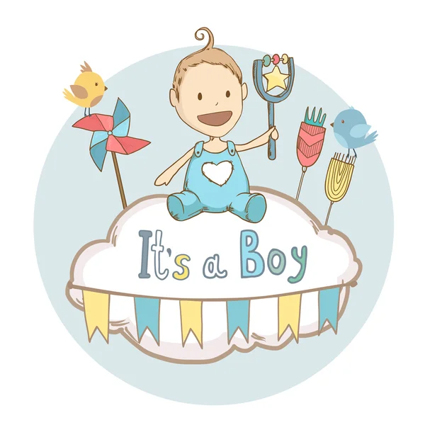 Baby shower è un maschietto, baby con giocattolo. Scheda illustrazione vettoriale — Vettoriale Stock