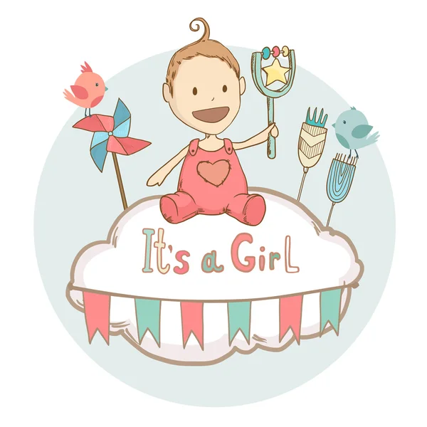 Bebé ducha es una chica, bebé con juguete. Vector linda tarjeta de felicitación — Vector de stock