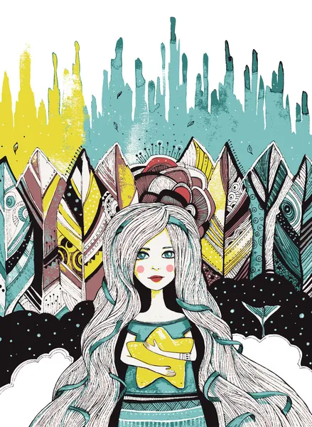 arka plan eşarplı güzel kızla suluboya: yıldız çizim