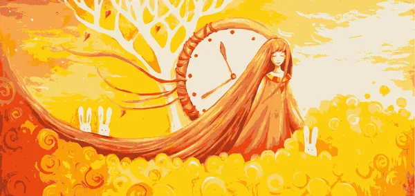 Illustrazione ragazza con orologio, conigli e campo di fiori gialli. Illustrazione vettoriale — Vettoriale Stock