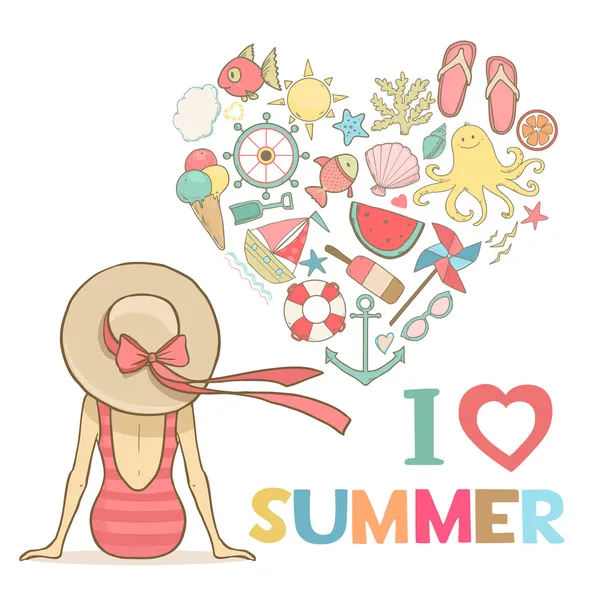 Summer woman in hat, I love summer art. Cute vector illustration — Stock Vector