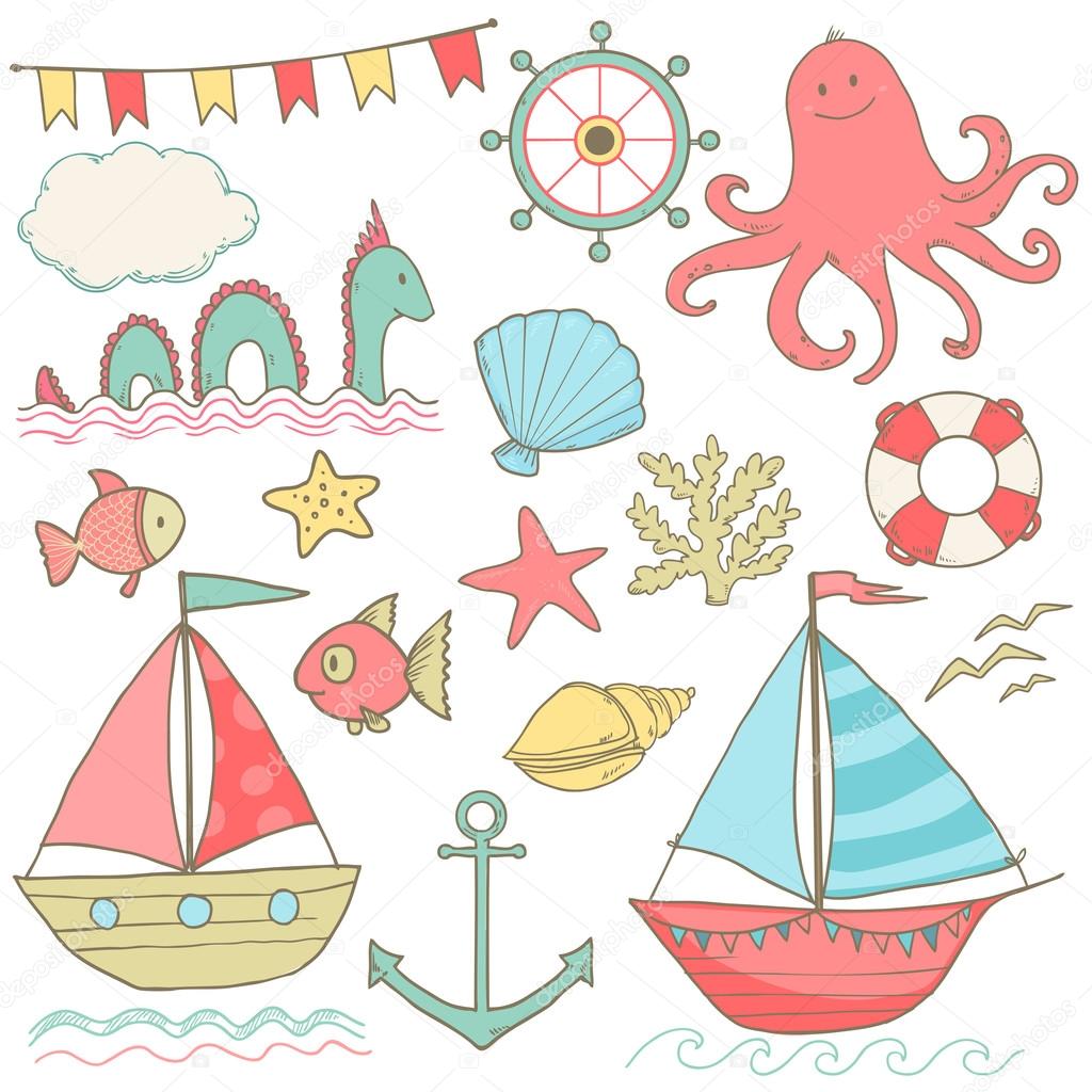 Summer sea cute icons. Vector clip art