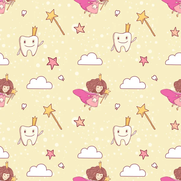 Vector seamless pattern with cute little tooth fairy with magic wand — Stock Vector