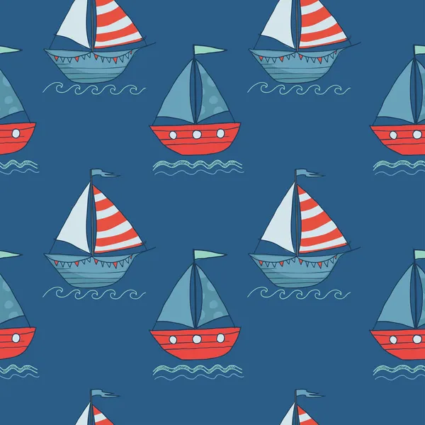 Cute seamless vector pattern with ships — Stock Vector