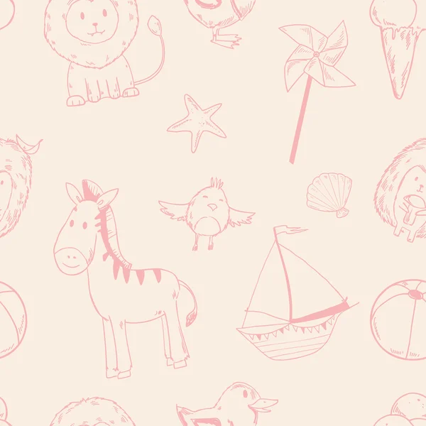 Mignon motif bébé animaux avec des éléments d'été dans des couleurs pastel rose — Image vectorielle