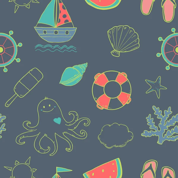Modèle mignon de mer d'été sans couture avec les animaux de mer et les articles marins — Image vectorielle