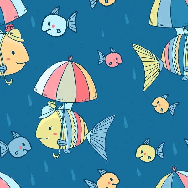 Seamless vector pattern.Mother fish with her kids under umbrella — Stock Vector
