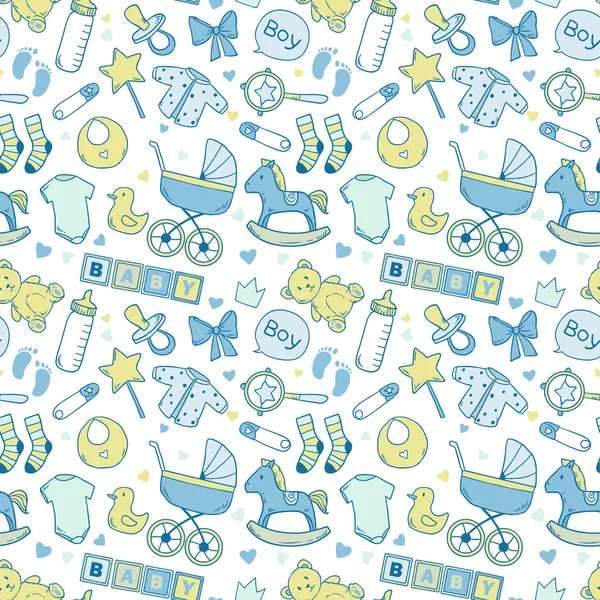 Seamless baby boy pattern with cute newborn elements — Stock Vector