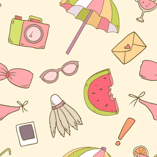 Vector verão sem costura padrão com melancia, guarda-chuva, óculos de sol, câmera, maiô — Vetor de Stock