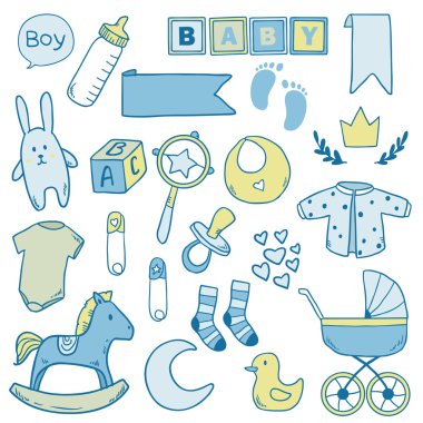 Yeni doğan bebek çocuk küçük resimlerle sevimli simgeler. vektör toplama