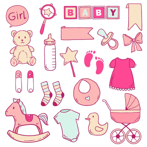 Nyfödd baby flicka ClipArt med söta ikoner. Vector insamling — Stock vektor