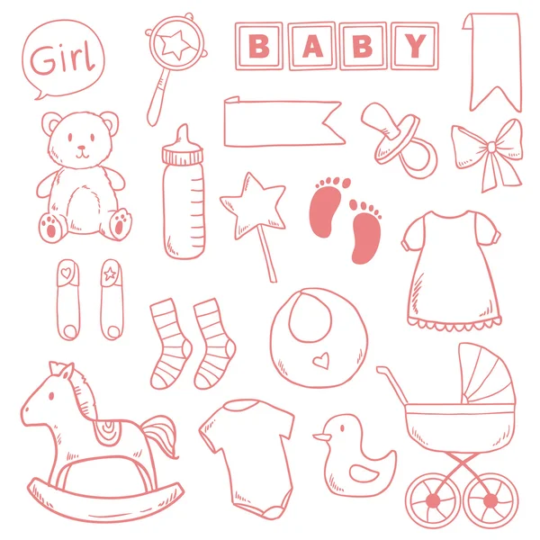 Newborn baby girl clip art with cute icons. Vector collection — Stock Vector