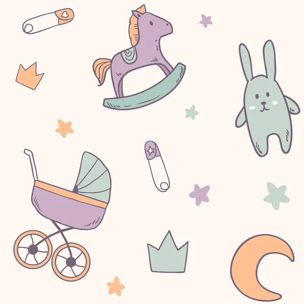 Дитячий візерунок з кроликом, іграшковий кінь, місяць, дитяча коляска — стоковий вектор