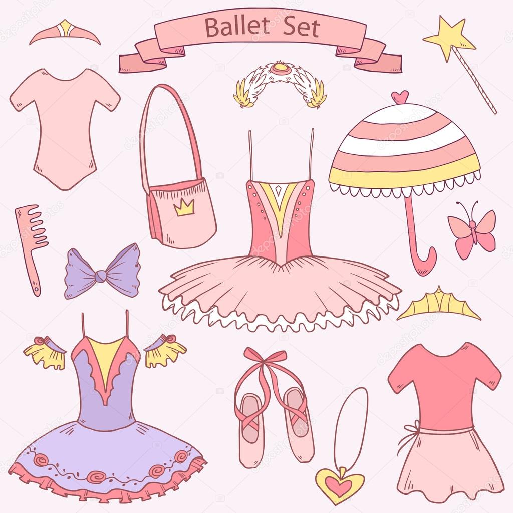 Vector cute ballet school set for little girl princess,each element on separate layer