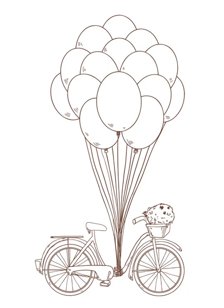 Bicicleta con globos de fiesta, cesta con flores — Vector de stock