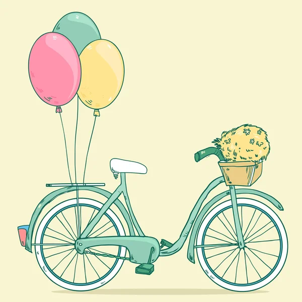 Ποδήλατο με μπαλόνια κόμμα, καλάθι με λουλούδια — Διανυσματικό Αρχείο