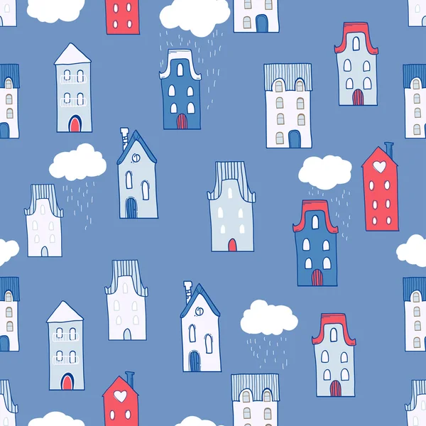 Seamless pattern with houses and clouds